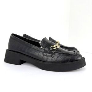 Kenneth Cole Platform Loafers Women 8.5 Black Sienna Lug Shoes Chain Croc Preppy